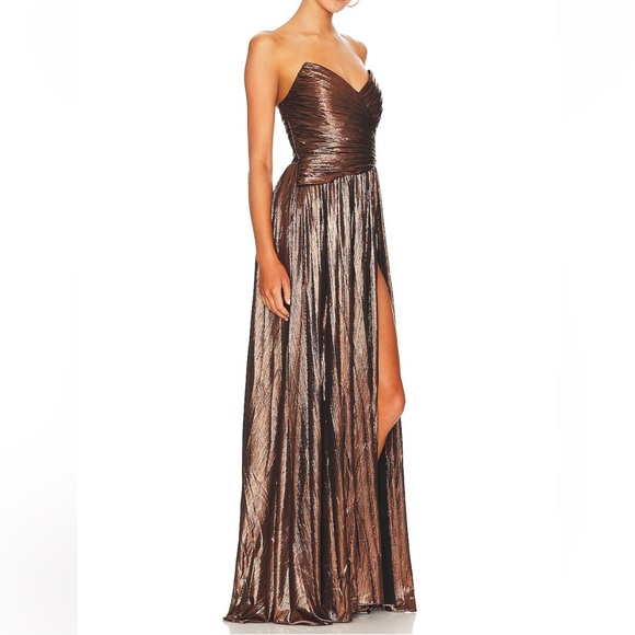 Retrofete Waldorf Strapless Gown With Slit in Coffee Brown Metallic - Picture 3 of 6